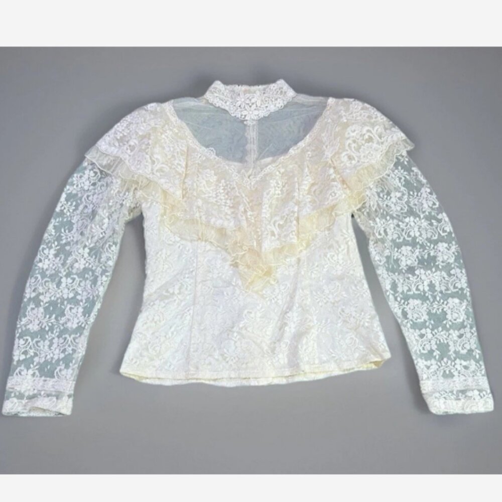 Jessica McClintock Victorian Blouse Women's Size 7/8 Antique White Back Buttons